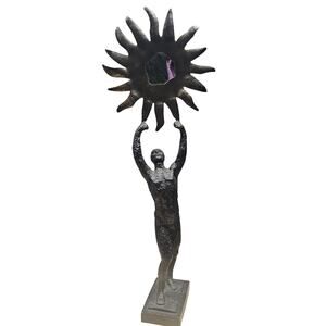 Vintage Detailed Metal Art Male Cast Iron Holding Raised Sun By Alice Heath